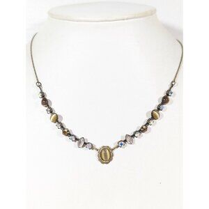 LR Antiqued Gold Tone Cats Eye Cabochon Rhinestone Tennis Chain Necklace Elegant